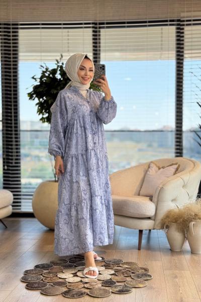 2512 Şal Desenli V Yaka Patı Düğmeli Elbise Lila