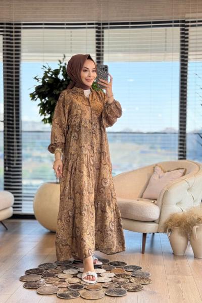 2512 Şal Desenli V Yaka Patı Düğmeli Elbise Kahve Bej