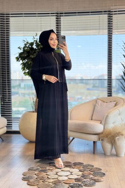 25132 Elbisesi Şifon Piliseli 2li Takım Siyah