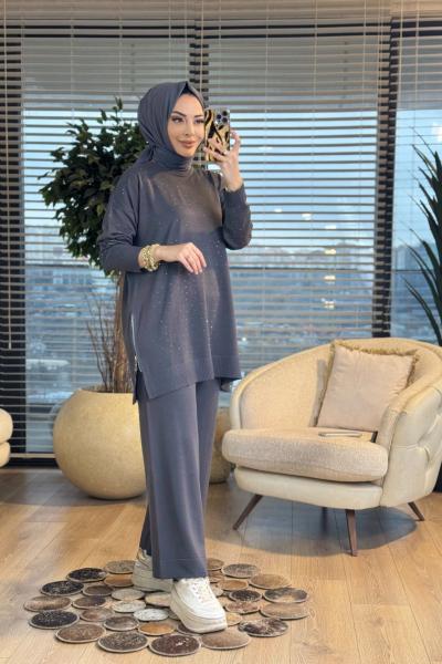 25193 Ön Taş Baskı Yandan Fermuarlı Takım Antrasit