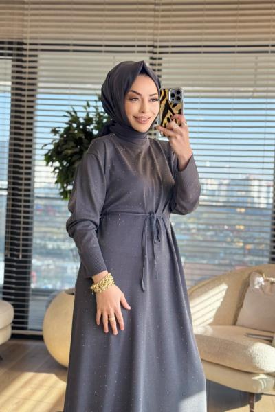 25196 Taş Detaylı Triko Elbise Antrasit