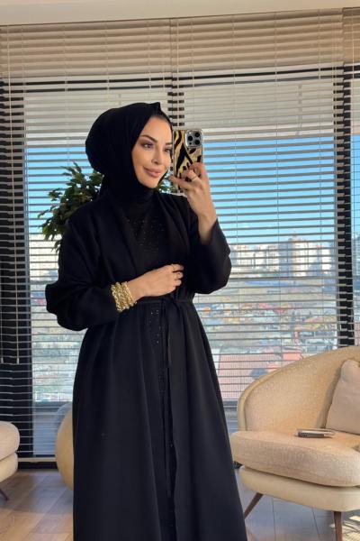 25204 Hırkalı İçi Taş Baskılı  İkili Takım Siyah