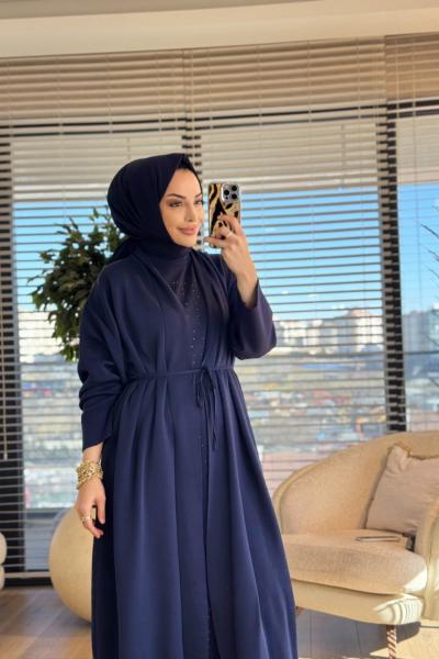 25204 Hırkalı İçi Taş Baskılı  İkili Takım Lacivert