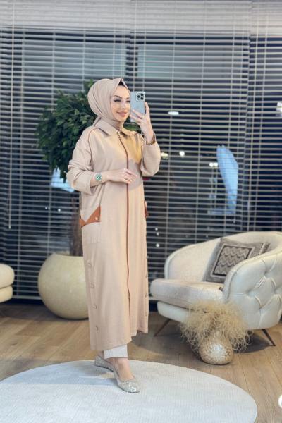 2526 Pat Ve Omuz Biye Detaylı Fermuarlı Kap Bej