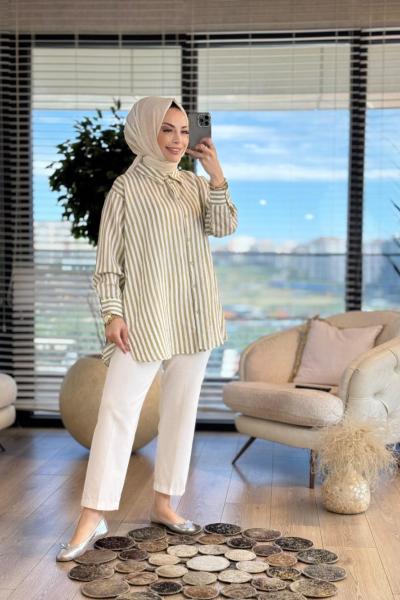 2532 Çizgili Dökümlü Gömlek Haki