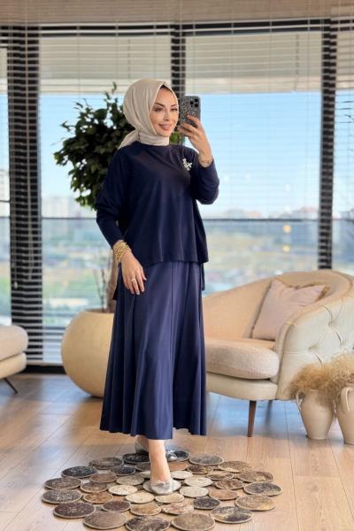 25425 Etegi Dikiş Detaylı Takım Lacivert