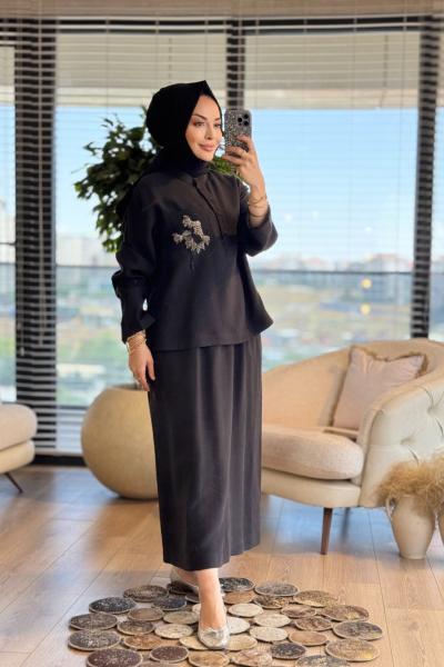 25446 Cebi Boncuk İşli Patı Düğmeli Takım Siyah