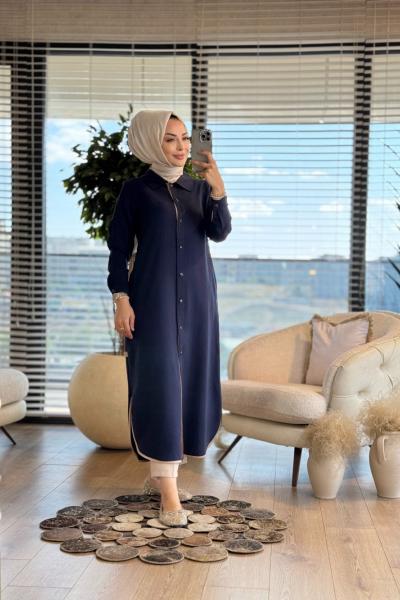 2546 Kombinli Tencel Şanel Pardesü Lacivert