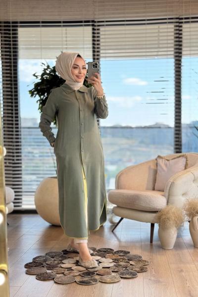 2546 Kombinli Tencel Şanel Pardesü Çağla