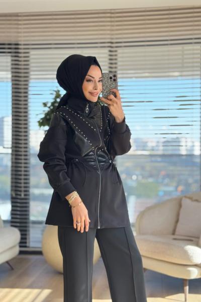 25507 Önü Deri Zımba Detaylı Yelek Siyah