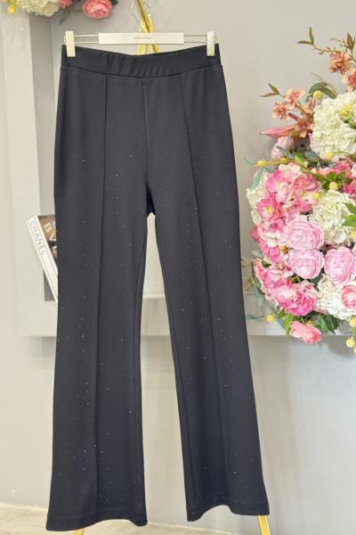 25547 Önü Taş Baskılı İspanyol Paça Pantolon Siyah