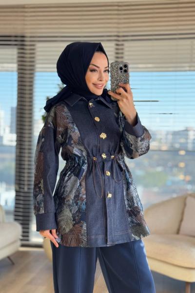 25549 Kot Kol Ve Arka Desenli Gömlek Lacivert