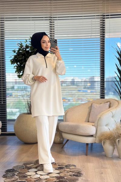 2564 Patı Fermuarlı Polo Yaka Takım Ekru