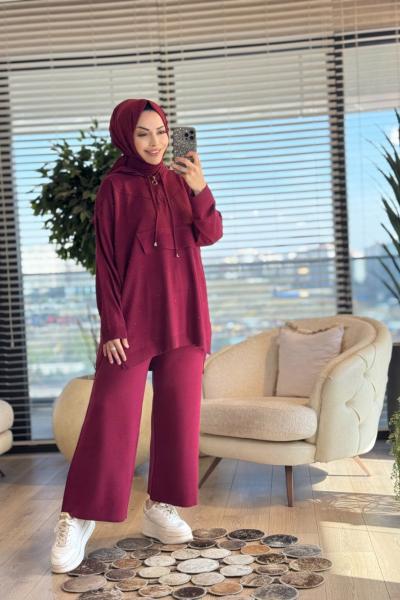 2569 Kanguru Cepli Taş Baskılı Triko Takım Bordo