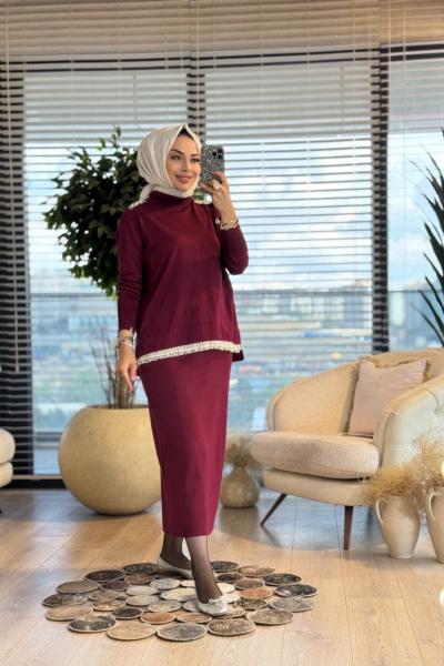 257 Omuzu İncili Dantelli Triko Etekli Takım Bordo