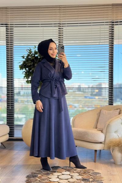 2573 Süet Beli Kuşaklı Etekli Takım Lacivert