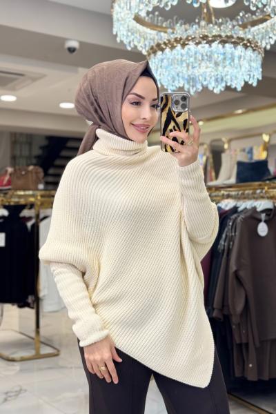 2574 Asimetrik Triko Tunik Ekru