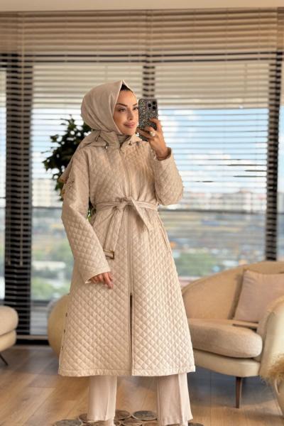 2577 Kraş Kapitone Cep Fermuarlı Kaban Bej