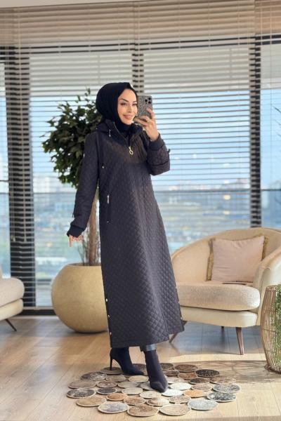 2578 Kraş Kapitoneli Kapşonlu Kaban Siyah