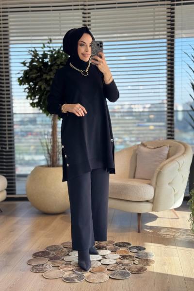 2583 Yanları Düğmeli Triko Takım Siyah