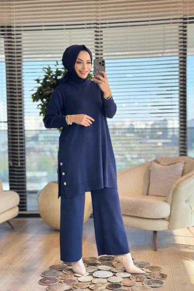2583 Yanları Düğmeli Triko Takım Lacivert