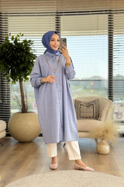 2591 Yarasa Kol Çizgili Uzun Gömlek Mavi