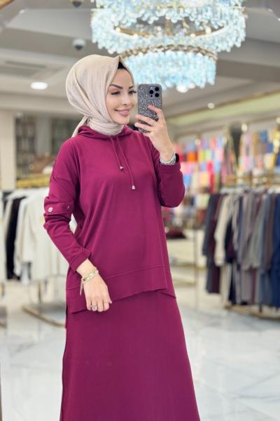2597 Kapşonlu Etekli Triko Takım Bordo