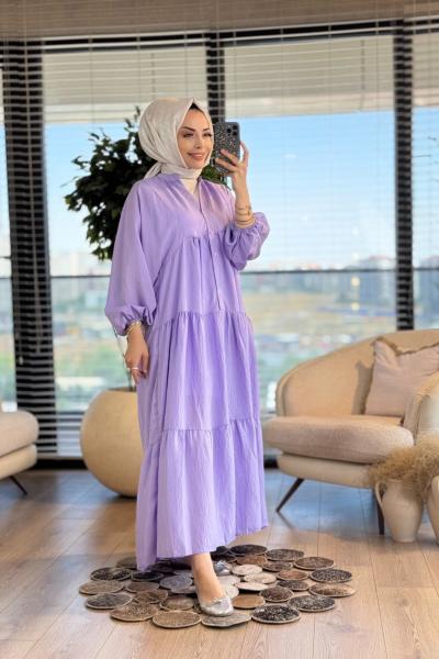 25EL432 Gofre V Yaka Elbise Lila