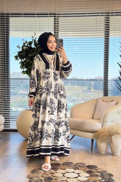 25EL437 Ağaç Desenli V Yaka Elbise Siyah