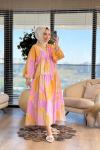 25EL490-1 Batik Desenli V Yaka Elbise Oranj Lila