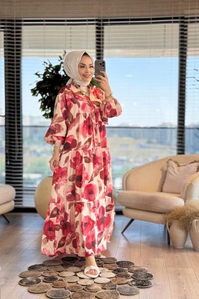 25EL500-2 Büyük Çiçekli Elbise Bordo
