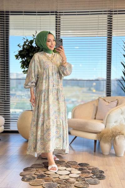 25EL519 Motif Desenli Elbise Çağla