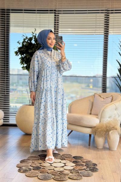 25EL541 Küçük Çiçek Desenli V Yaka Düğmeli Elbise Mavi