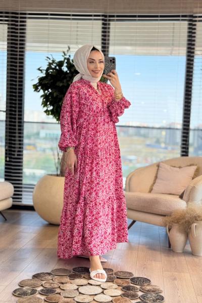 25EL541 Küçük Çiçek Desenli V Yaka Düğmeli Elbise Kırmızı