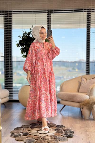 25EL548 Şal Desen V Yaka Düğmeli Elbise Kiremit