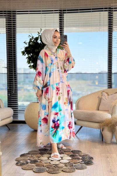 25EL552 Renkli Batik Desen V Yaka Elbise Bej Kiremit
