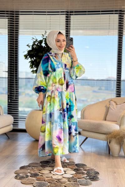 25EL552 Renkli Batik Desen V Yaka Elbise Bej Benetton