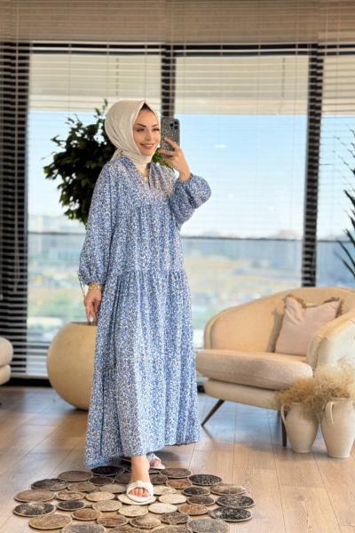 25EL556 Çıtır Çiçekli Elbise Mavi