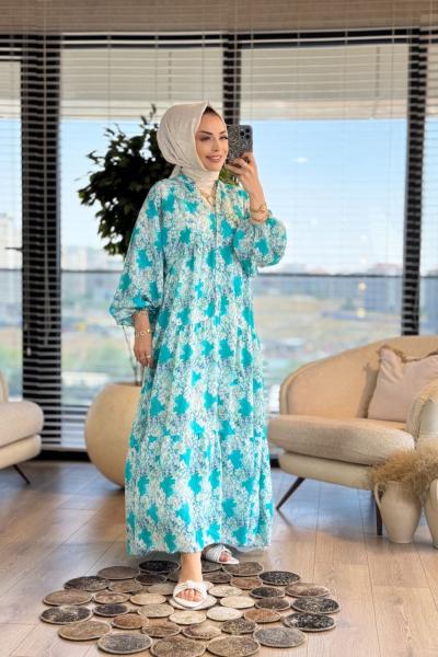 25EL570 Kasımpatı Çiçekli Elbise Turkuaz