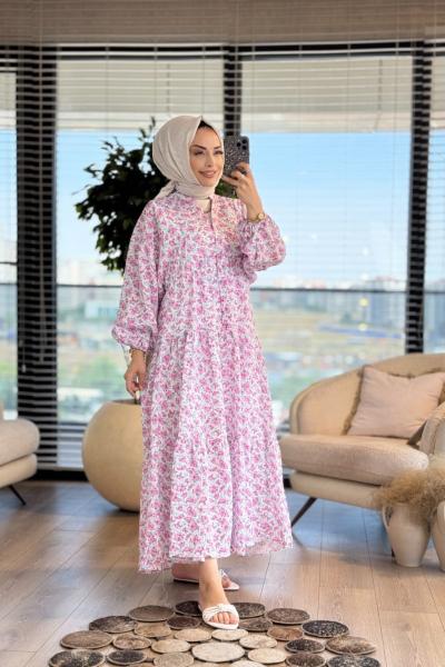 25EL571 Çiçek Desen V Yaka Patı Düğmeli Elbise Fuşya