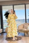 25EL592 Dal Desenli Elbise Sarı Yeşil