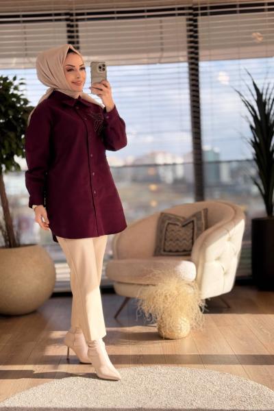 25K6021 Sağ Göğüs Arka İnci Çiçek İşlemeli Kap Mürdüm