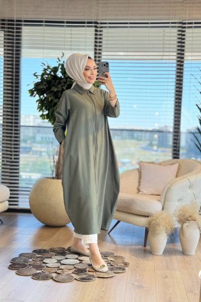 25Y6033 Gofre Fermuarlı Uzun Kap Haki