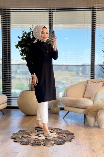 25YT433 Patı Fermuarlı Yaka Kol Ribanalı Tunik Siyah