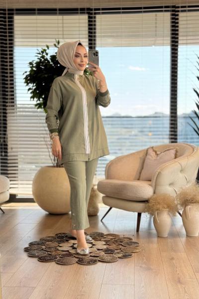 25YT6131 Pat Şerit Ribana Ve Fermuarlı Takım Haki