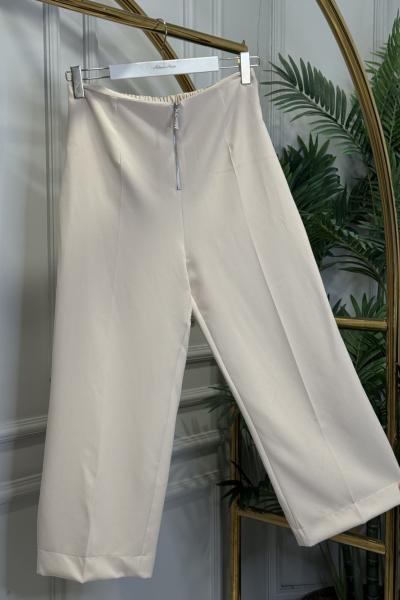 26086 Ön Fermuarlı Bol Paça Pantolon Bej