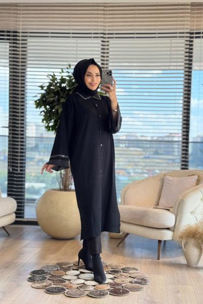 262 Yaka Manşet Taşlı Ferace Hırka Siyah