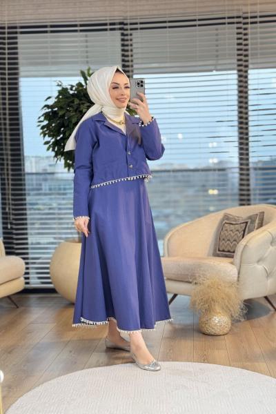 2626 Şerit İnci Detaylı Etek Takım Lacivert