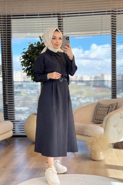 2640 Beli Kuşaklı Çizgili Etekli Takım Siyah