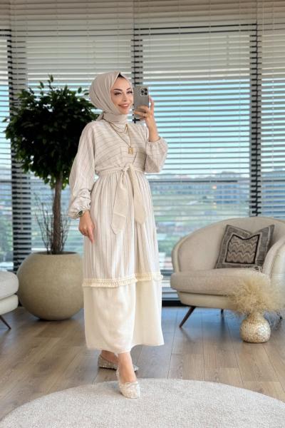 2642 Püskül Şeritli Çizgili Keten Elbise Bej